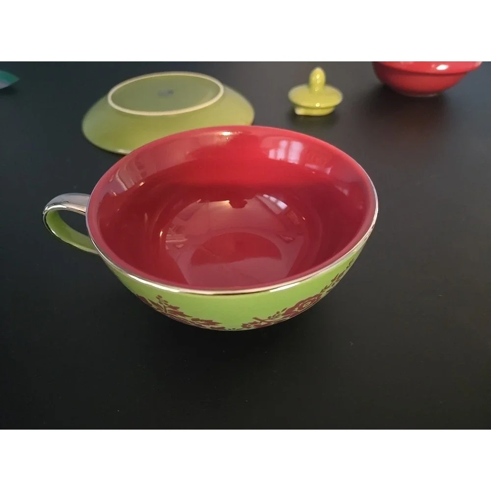 Teapot For One with‎ Tea Cup and Saucer Red Green Flowers